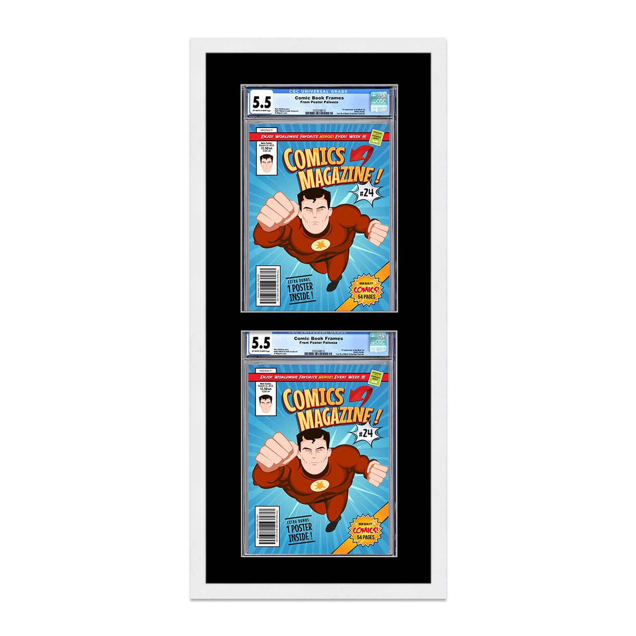 Comic Book Display Frame for Graded Comics - White Wood Comic Frame With Black Mat for 8.125x13 Comics, 18 Frame Sizes